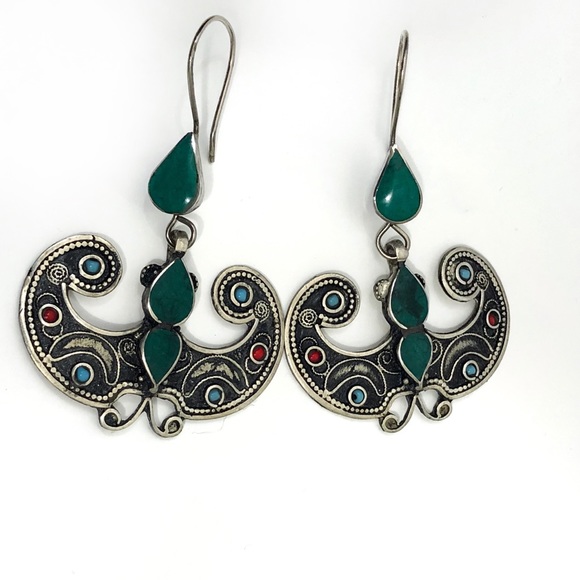 Boho batwing tribal stone statement long earrings - Picture 4 of 6